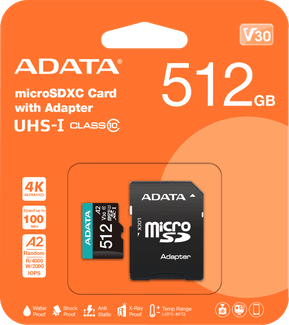 Carte mémoire ADATA Premier Pro 512 Go microSDXC/SDHC UHS-I U3 V30 (AUSDX512GUI3V30SA2-R) — image 3