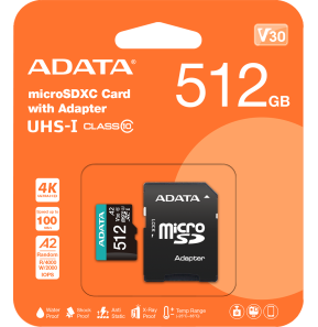 Carte mémoire ADATA Premier Pro 512 Go microSDXC/SDHC UHS-I U3 V30 (AUSDX512GUI3V30SA2-R)