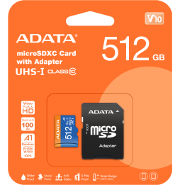 Carte mémoire ADATA Premier Pro 512 Go microSDXC/SDHC UHS-I Classe 10 (AUSDX512GUICL10A1-RA)
