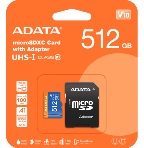 Carte mémoire ADATA Premier Pro 512 Go microSDXC/SDHC UHS-I Classe 10 (AUSDX512GUICL10A1-RA)