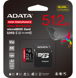 Carte mémoire ADATA 512 Go microSDXC/SDHC UHS-I haute endurance (AUSDX512GUI3V30SHA2-)