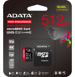 Carte mémoire ADATA 512 Go microSDXC/SDHC UHS-I haute endurance (AUSDX512GUI3V30SHA2-)