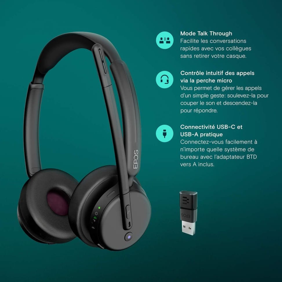 Epos Impact 500 MS UC ANC WL USB-C Wireless Bluetooth Headset with USB-A adapter (1001490) — image 9