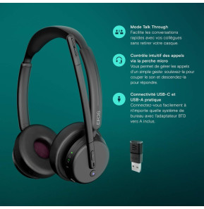 Micro-casque sans fil Bluetooth Epos Impact 500 MS UC ANC WL USB-C avec un adaptateur USB-A (1001490)