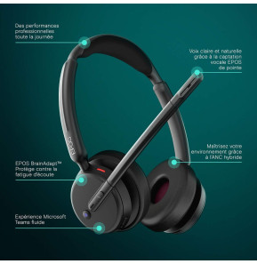 Micro-casque sans fil Bluetooth Epos Impact 500 MS UC ANC WL USB-C avec un adaptateur USB-A (1001490)