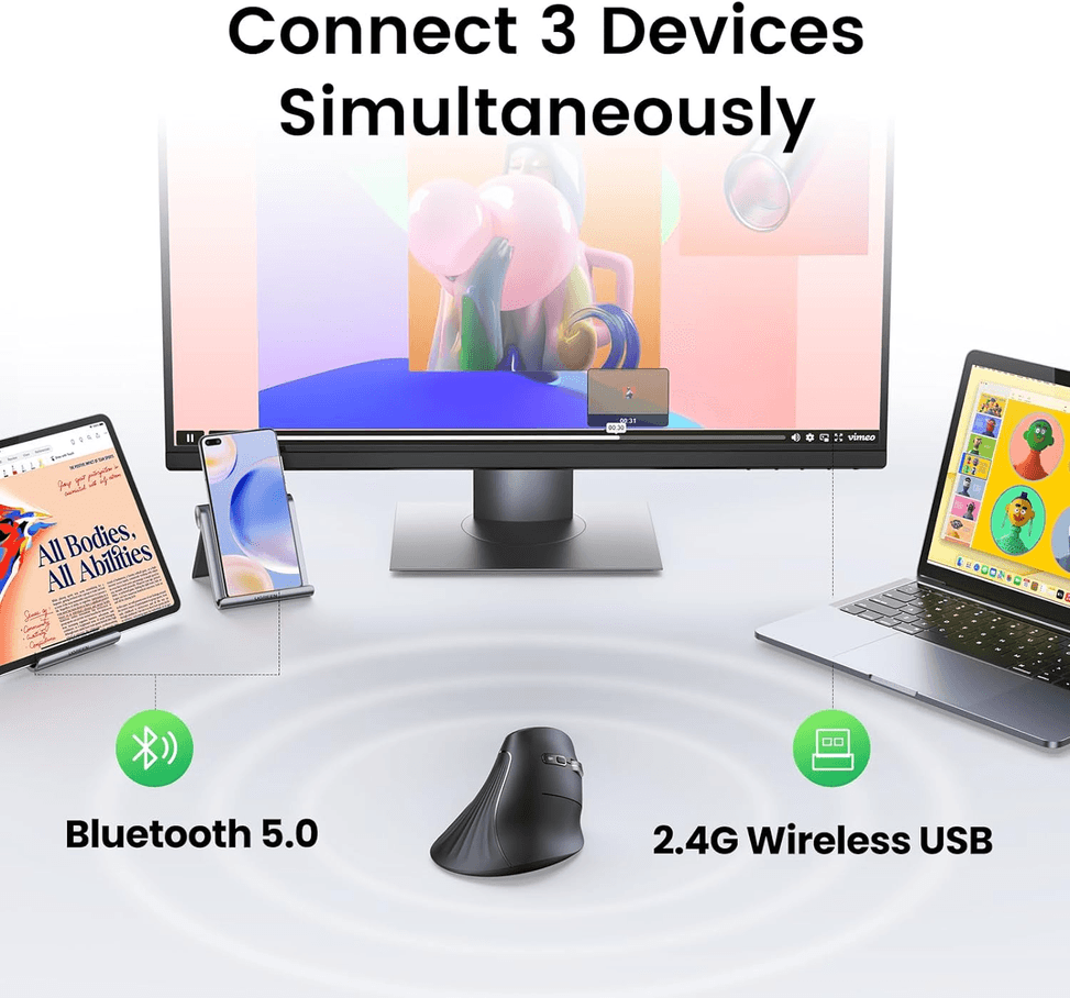 Souris sans fil Bluetooth Ugreen Multi-mode Vertical Noir (25444) — image 7
