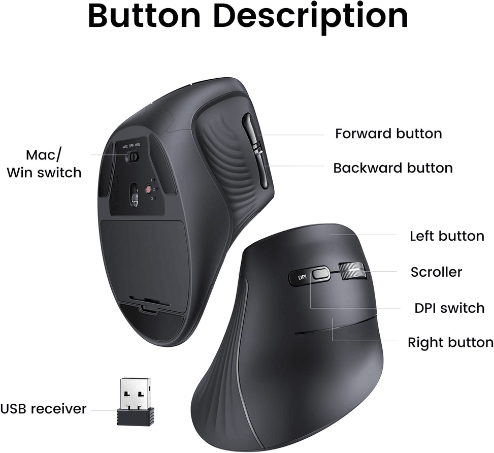فأرة لاسلكية Bluetooth Ugreen Multi-mode عمودية أسود (25444) — صورة 5