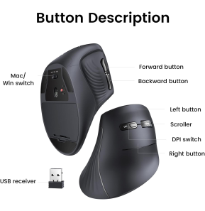 Souris sans fil Bluetooth Ugreen Multi-mode Vertical Noir (25444)
