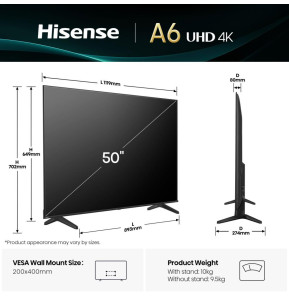 Téléviseur Hisense 50" Smart UHD 4K A6Q + Récepteur TNT Intégré (HIS50A6Q)
