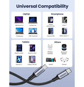 Câble Ugreen USB-C vers USB-C 5A 100W - 1 mètre (70427)