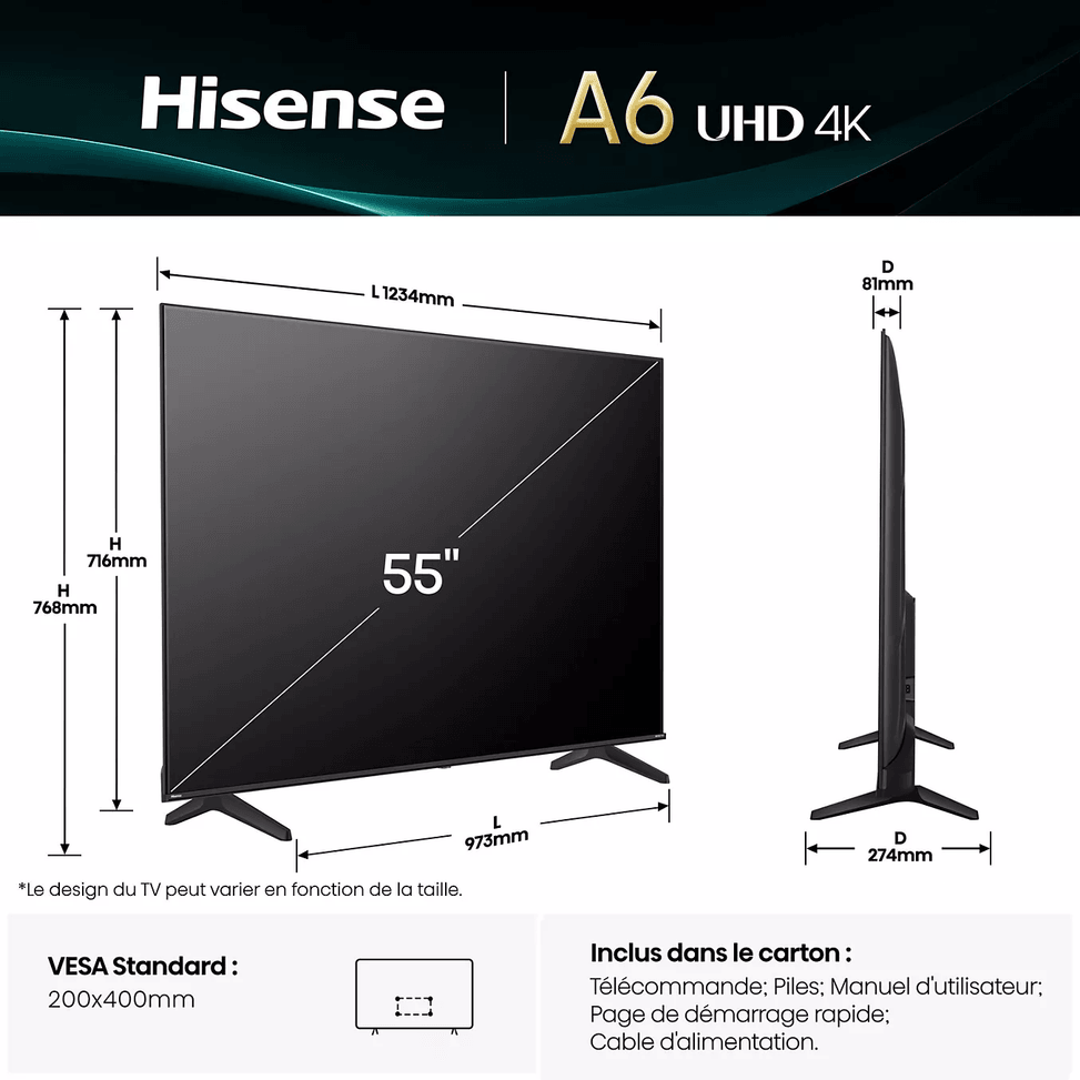 Téléviseur Hisense 55" Smart UHD 4K 55A6Q + Récepteur TNT Intégré (HIS55A6Q) — image 6