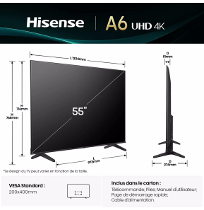Téléviseur Hisense 55" Smart UHD 4K 55A6Q + Récepteur TNT Intégré (HIS55A6Q)