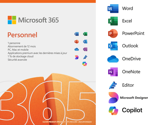 Microsoft 365 Personnel Français avec Copilot intégré - abonnement 12 mois pour 1 personne (Licence envoyée par E-mail)