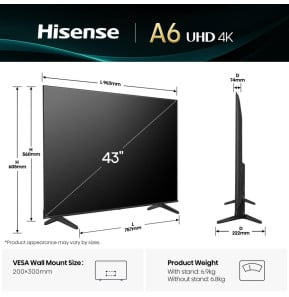 Téléviseur Hisense 43" Smart UHD 4K A6Q + Récepteur TNT Intégré (HIS43A6Q)