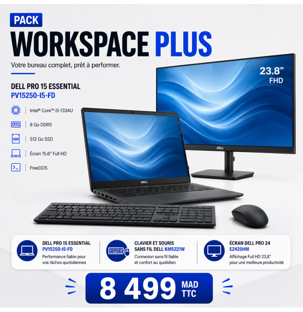 Pack Workspace Plus: PC portable 15″ PV15250 + Écran 24″ E2425HM + Clavier-souris sans fil KM5221W