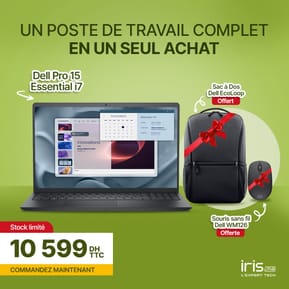 Pack Business Elite: PC portable 15″ PV15250 + Sac à dos Dell EcoLoop Essential 14" - 16" CP3724 + Souris sans fil Dell WM126
