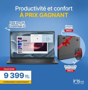 Pack Essential Pro: PC portable 15″ PV15250 + Housse Dell CV4625 + Souris sans fil Dell WM126
