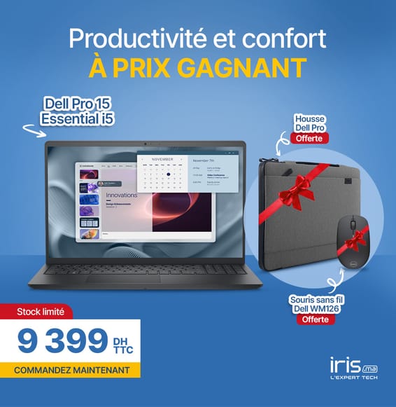 Pack Essential Pro: PC portable 15″ PV15250 + Housse Dell CV4625 + Souris sans fil Dell WM126