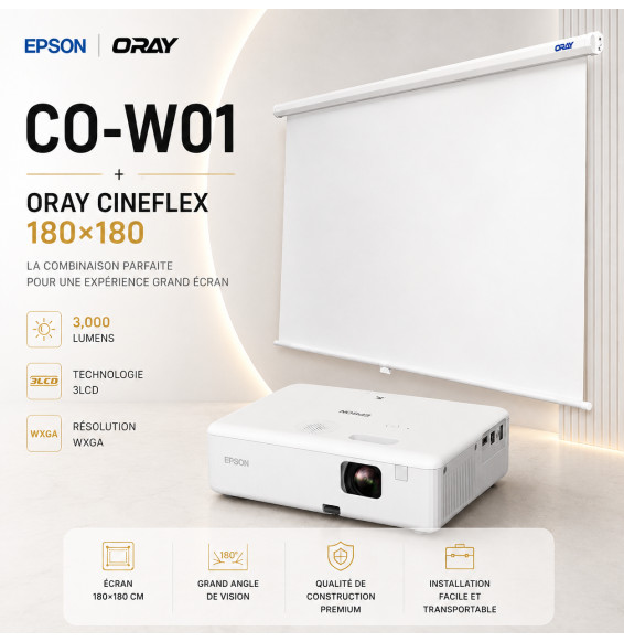 Pack Salle de classe : vidéoprojecteur Epson CO-W01 + écran mural Oray 180 × 180
