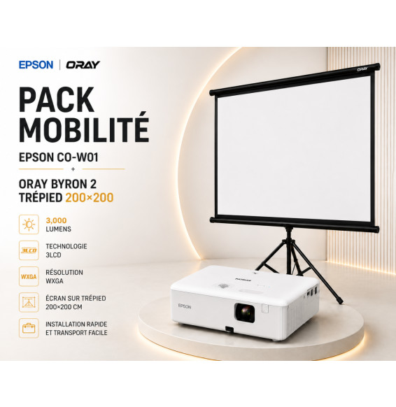 Pack Salle polyvalente : vidéoprojecteur Epson CO-W01 + écran sur trépied Oray 200 × 200