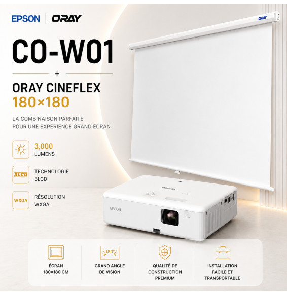 Pack Salle de classe : vidéoprojecteur Epson CO-W01 + écran mural Oray 180 × 180