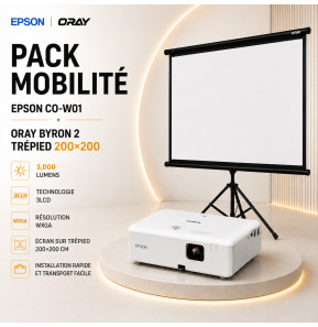 طقم قاعة متعددة الاستعمالات : جهاز عرض Epson CO-W01 + شاشة على حامل ثلاثي Oray 200 × 200