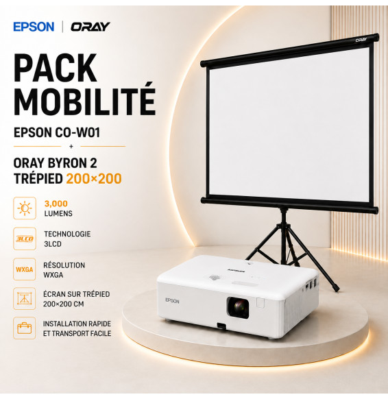 Pack Salle polyvalente : vidéoprojecteur Epson CO-W01 + écran sur trépied Oray 200 × 200