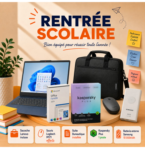 Pack Complet : PC Lenovo IdeaPad Slim 3 15IRH10 + Office Famille 2024 + Kaspersky + batterie Samsung + souris offerte