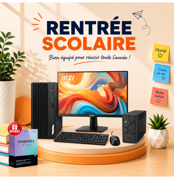 Pack MSI PRO DP180 AI + Écran MP242 24" + Onduleur nJoy Keen 600 + Kaspersky Plus offert