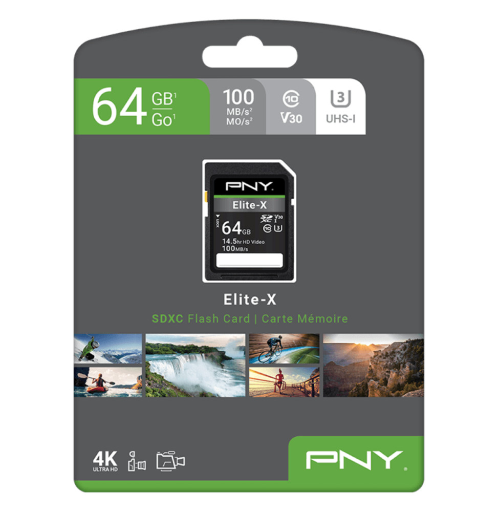 Carte mémoire SDXC PNY Elite-X 64 Go Class 10 U3 V30 (P-SD64GU3100EX-GE)