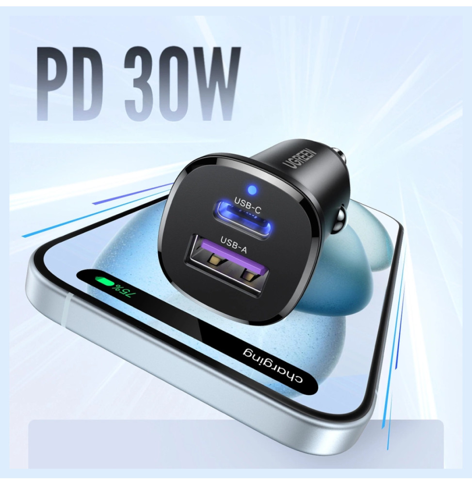Chargeur de voiture Ugreen EC305 30W USB-C et USB-A Noir (25845)