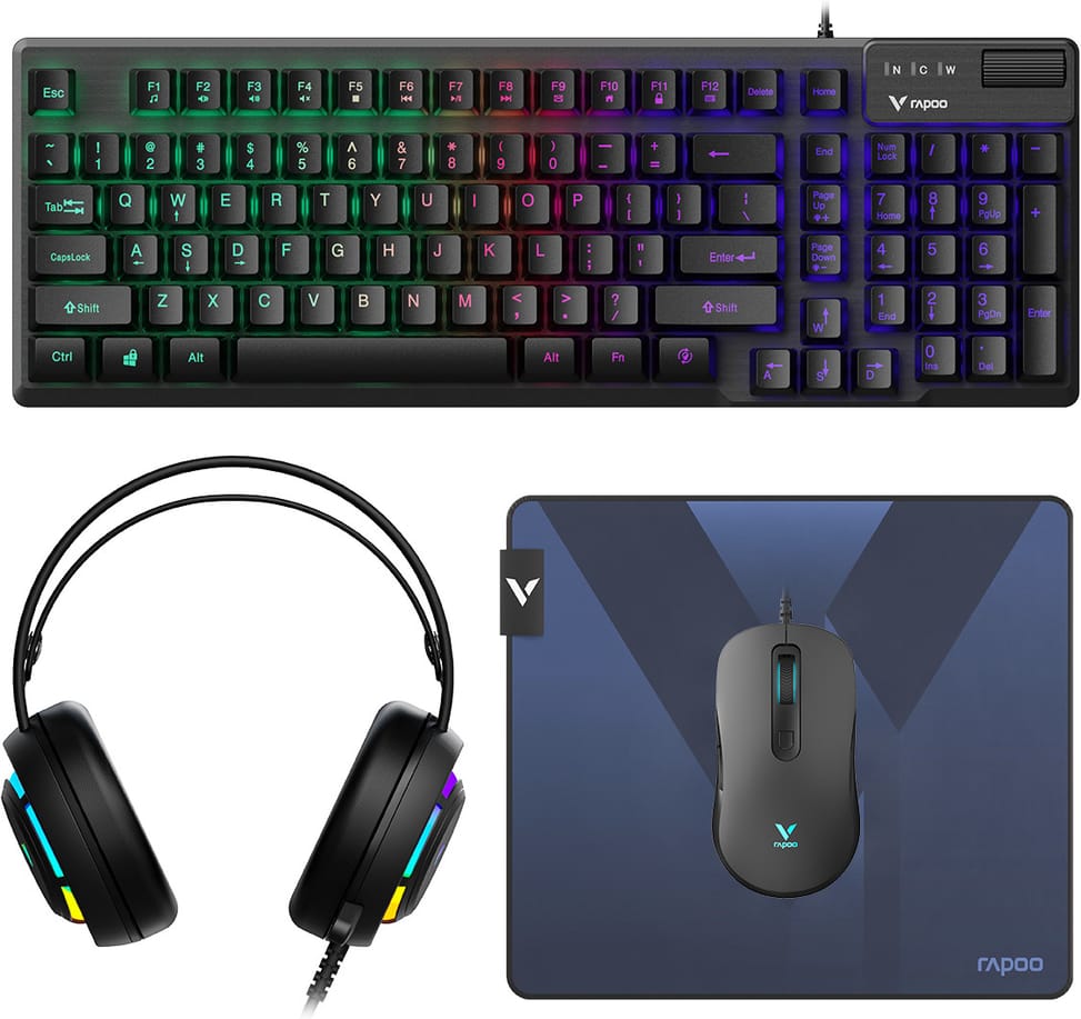 Pack gaming filaire 4-en-1 Rapoo V125S - Clavier, souris, casque et tapis, QWERTY US