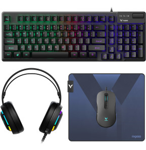 Pack gaming filaire 4-en-1 Rapoo V125S - Clavier, souris, casque et tapis, QWERTY US
