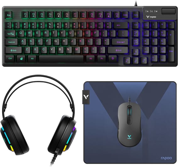 Pack gaming filaire 4-en-1 Rapoo V125S - Clavier, souris, casque et tapis, QWERTY US