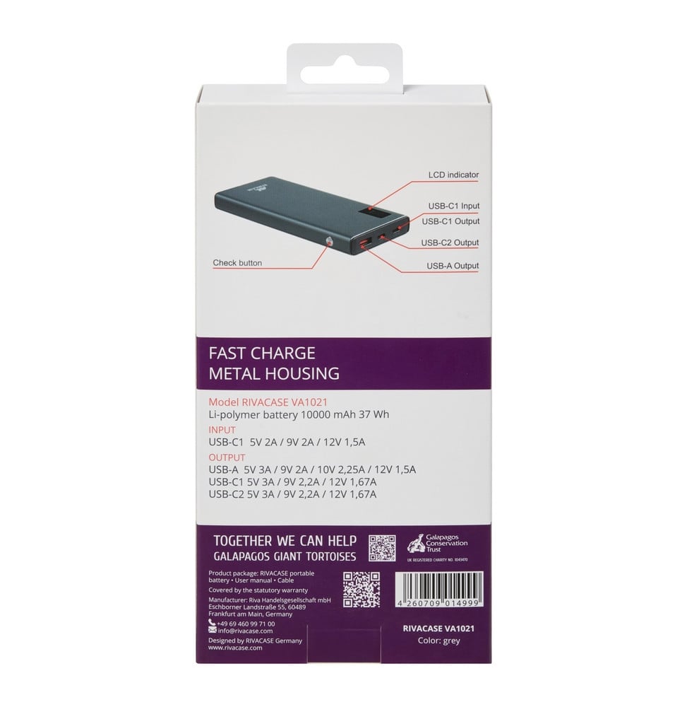 بطارية خارجية Rivacase VA1021 بسعة 10000 mAh و22.5 W معدنية رمادية، شاشة LCD، منفذان USB-C ومنفذ USB-A (VA1021) – صورة 7