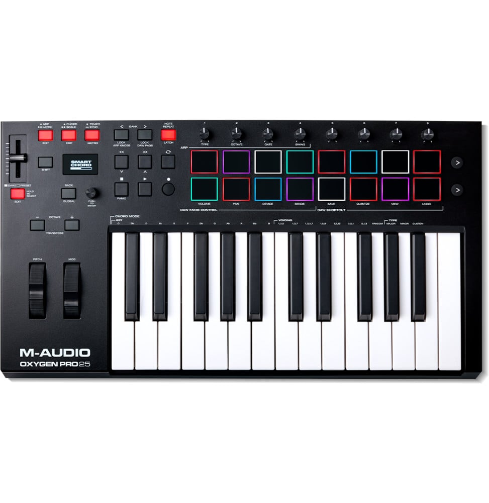 لوحة مفاتيح تحكم MIDI من M-Audio Oxygen Pro 25 - 25 مفتاحًا نصف مثقل، 16 وسادة RGB، شاشة OLED – صورة 3