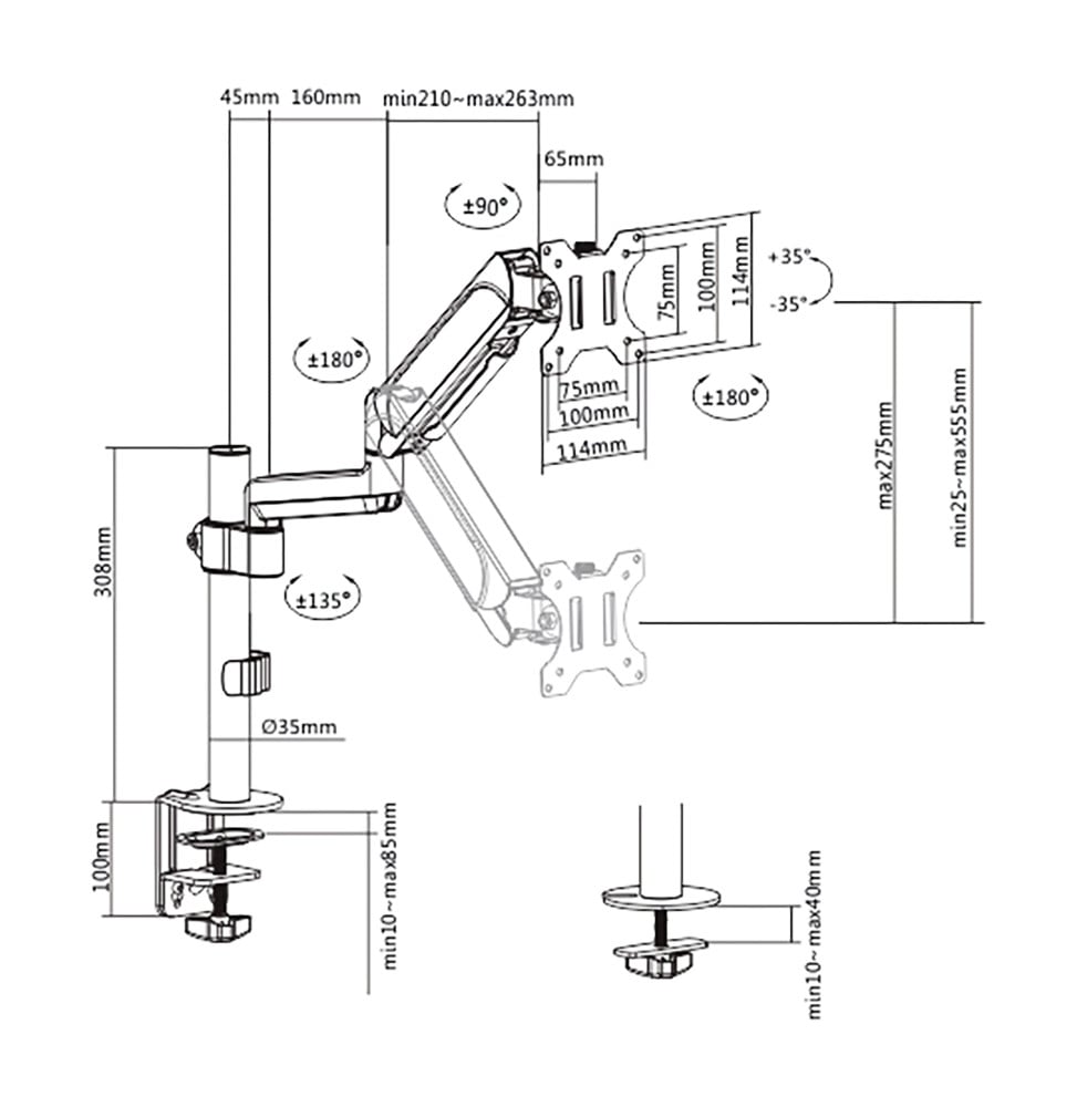 Bras articulé pour écran Quik Lok VSC/001 à vérin à gaz - VESA 75 et 100, écrans 17 à 32" – vue 8