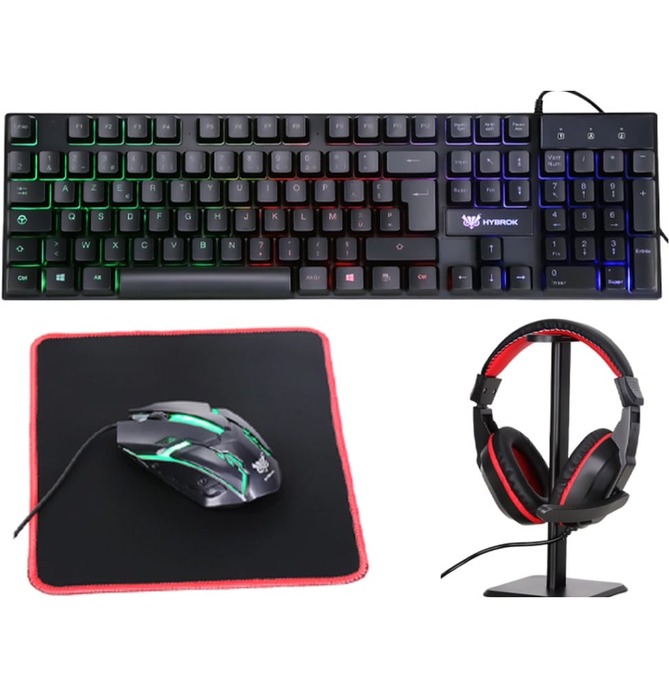 Pack gaming filaire 4-en-1 Hybrok HPG200 - Clavier AZERTY, souris, casque et tapis