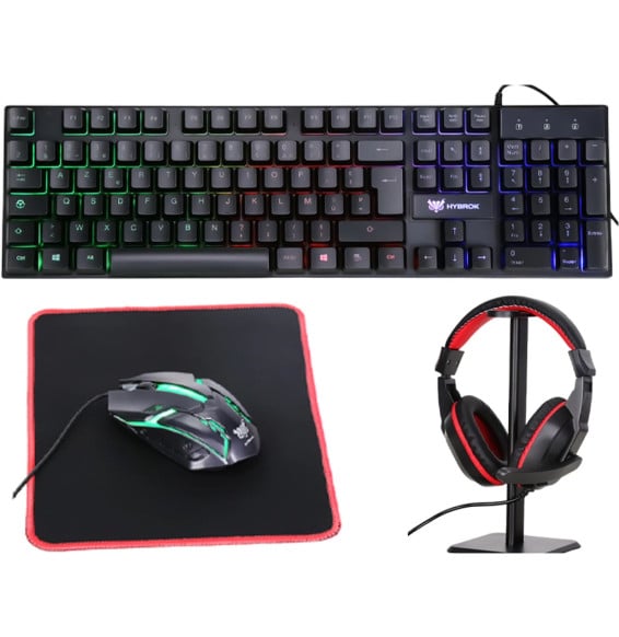 Pack gaming filaire 4-en-1 Hybrok HPG200 - Clavier AZERTY, souris, casque et tapis