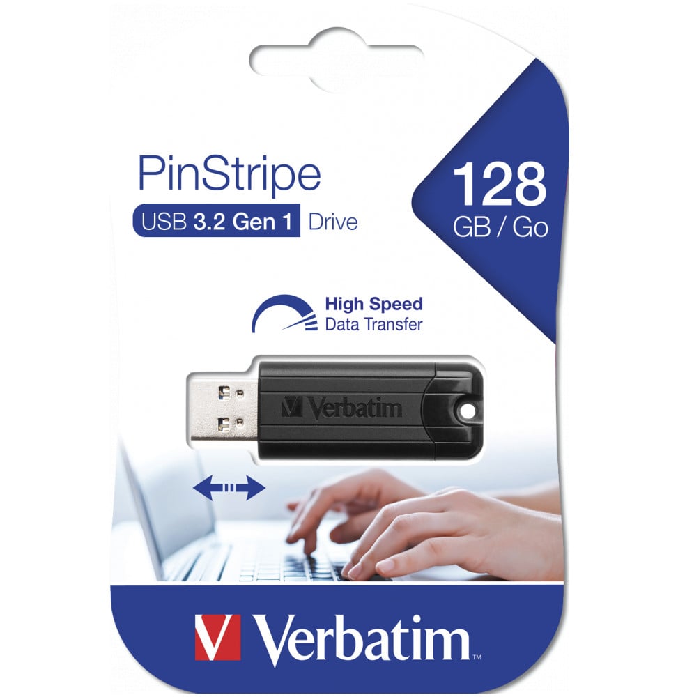 Clé USB 128 Go Verbatim PinStripe USB 3.2 Gen 1 rétractable noire (49319) – vue 3