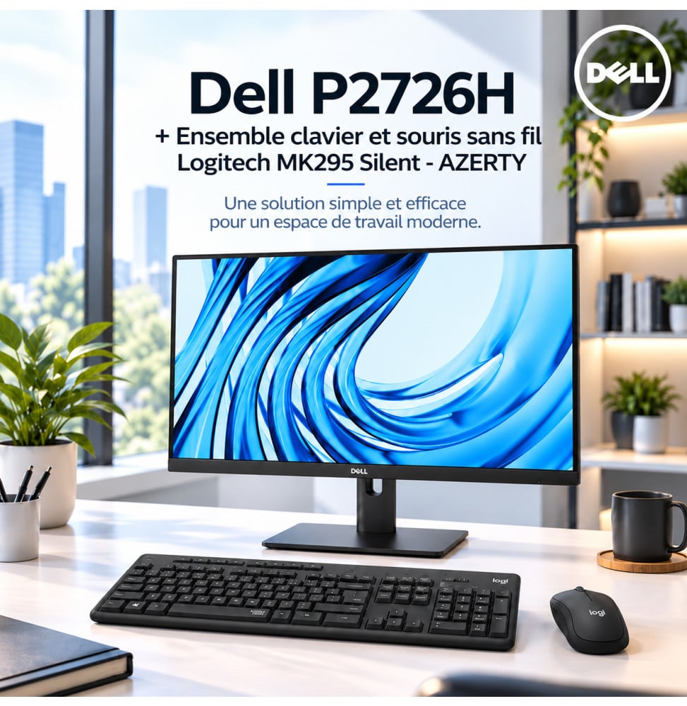 طقم محطة عمل متكاملة : شاشة 27 بوصة Full HD Dell P2726H + لوحة مفاتيح وفأرة لاسلكية Logitech MK295 Silent AZERTY — صورة 1