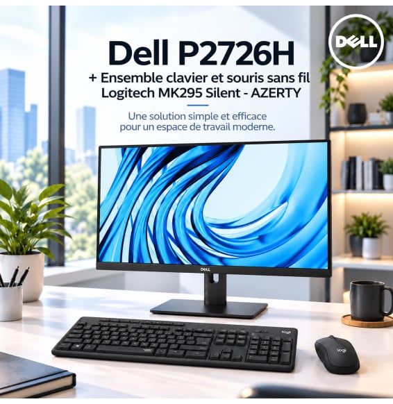 Pack Poste de travail complet : Écran 27" Full HD Dell P2726H + clavier et souris sans fil Logitech MK295 Silent AZERTY