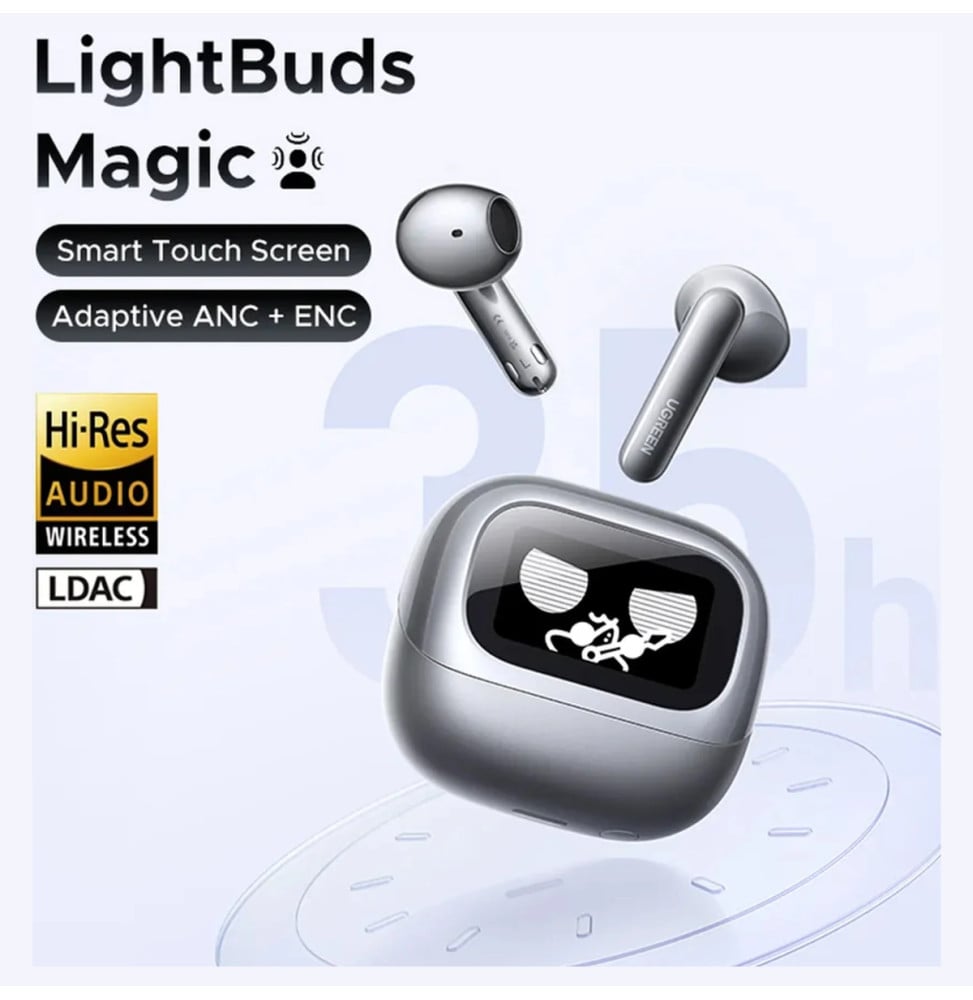سماعات أذن لاسلكية Ugreen LightBuds Magic بإلغاء الضوضاء ANC وشاشة لمس، رمادية (75288) — صورة 6