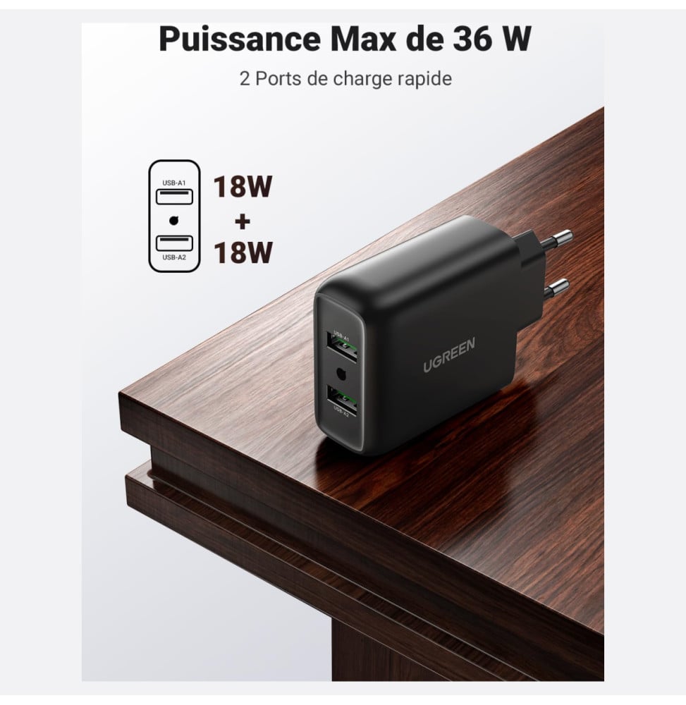 Chargeur secteur Ugreen 36W Quick Charge 3.0 2 ports USB-A Noir (10216)