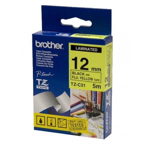 Ruban Brother laminé fluorescent noir sur fond jaune (TZ-C31)