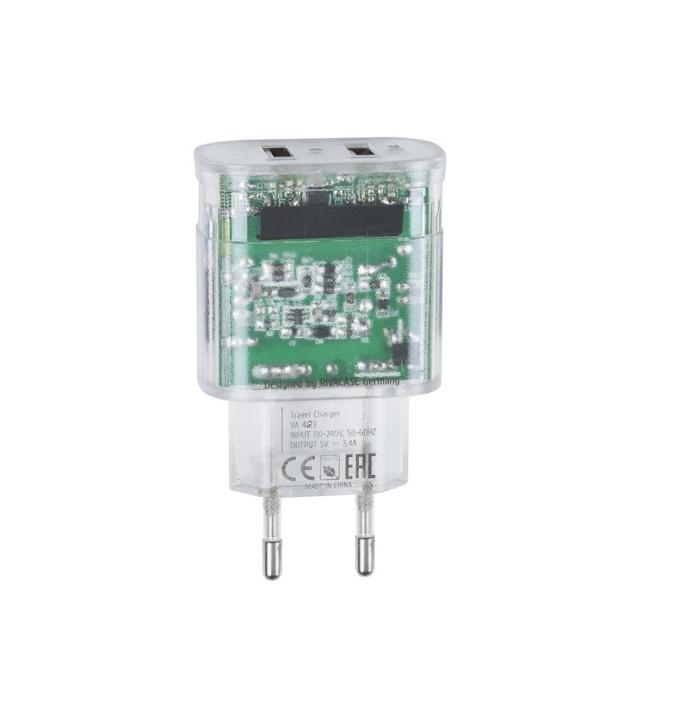 Chargeur Secteur Mural Rivapower VA4123 2USB x 3.4 A - Micro USB 1 m Transparent