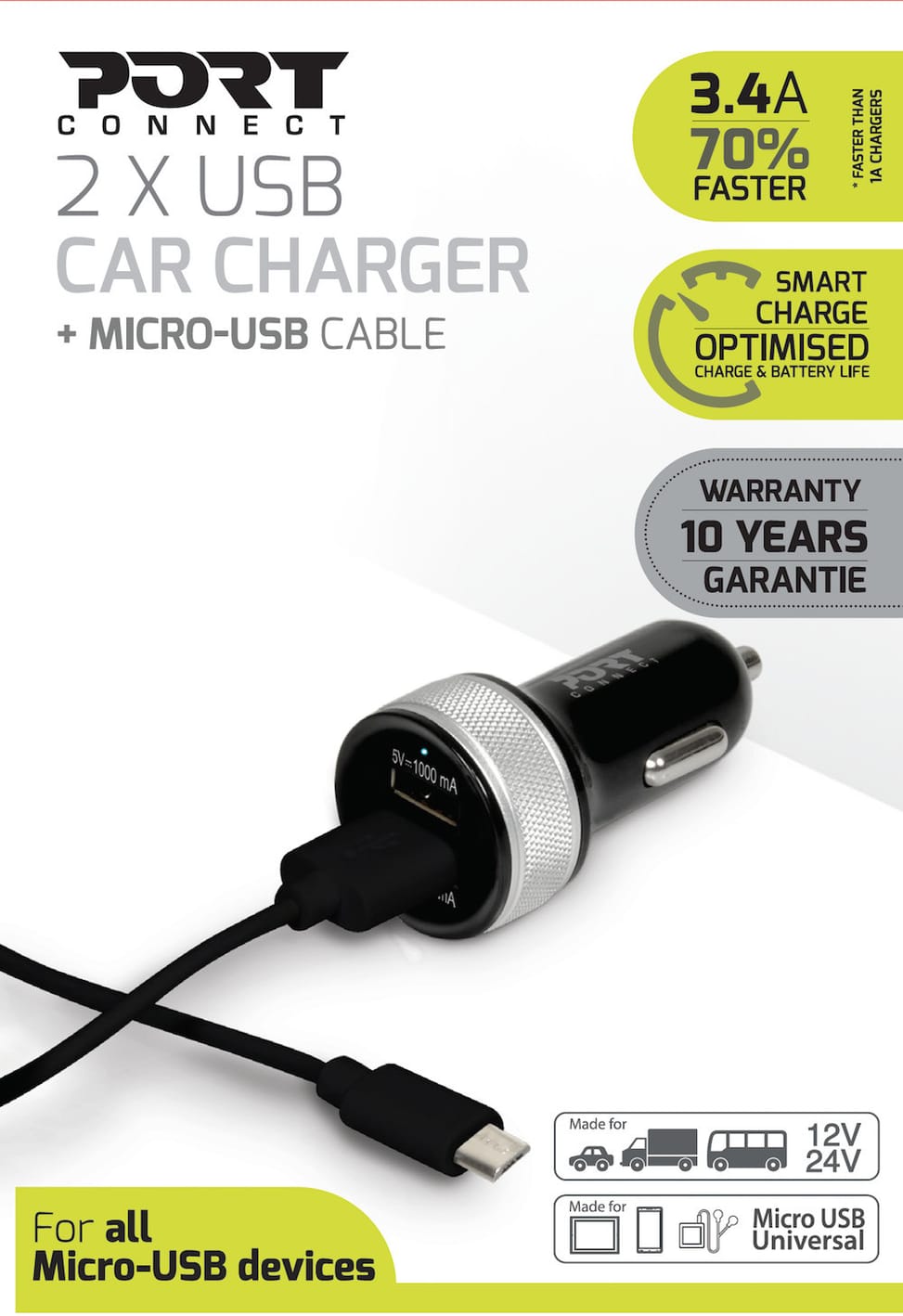 Chargeur voiture 2 USB + Câble Micro USB de Port Designs (900081)