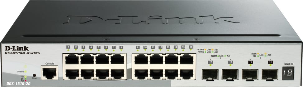 Switch Administrable empilable D-Link 16 ports 10/100/1000 Mbps, 2 ports Gigabit SFP, 2 ports 10G SFP+ (DGS-1510-20)
