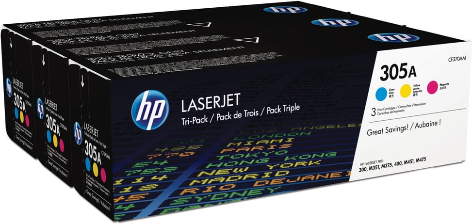 طقم 3 تونر ملون HP LaserJet أصلي HP 305A سماوي/أرجواني/أصفر (CF370AM) — صورة 1