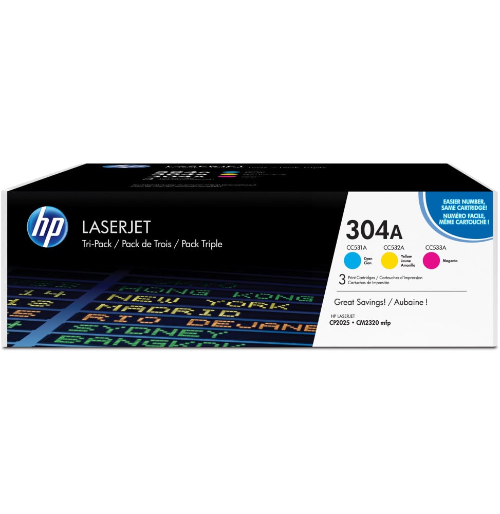 HP 304A Cyan/Magenta/Jaune (CF372AM) - Pack de 3 toners couleur HP LaserJet d'origine HP 304A Cyan/Magenta/Jaune (CF372AM) - Pack de 3 toners couleur HP LaserJet d'origine
